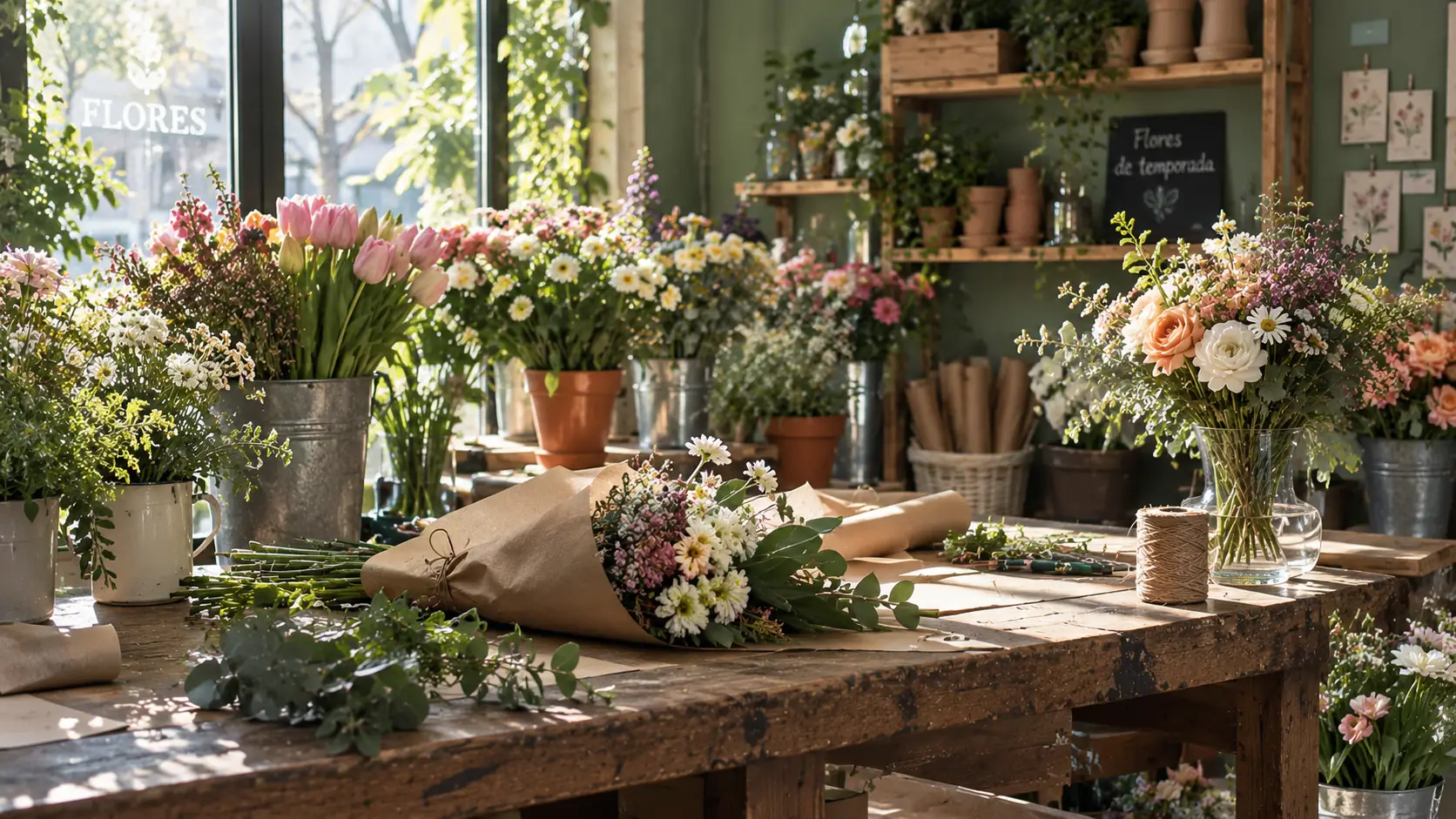 El taller por dentro: mesa de madera con un ramo envuelto en papel, cubos de flores de temporada y estantes con macetas, con el sol entrando por el escaparate