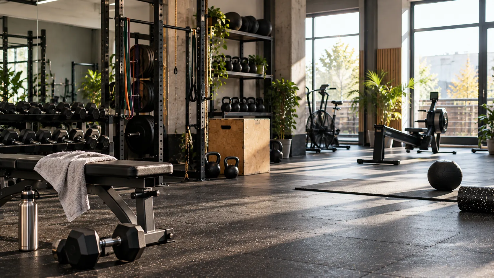 La sala del box con el sol de la mañana: racks, mancuernas, kettlebells, un cajón de salto y suelo de goma negra