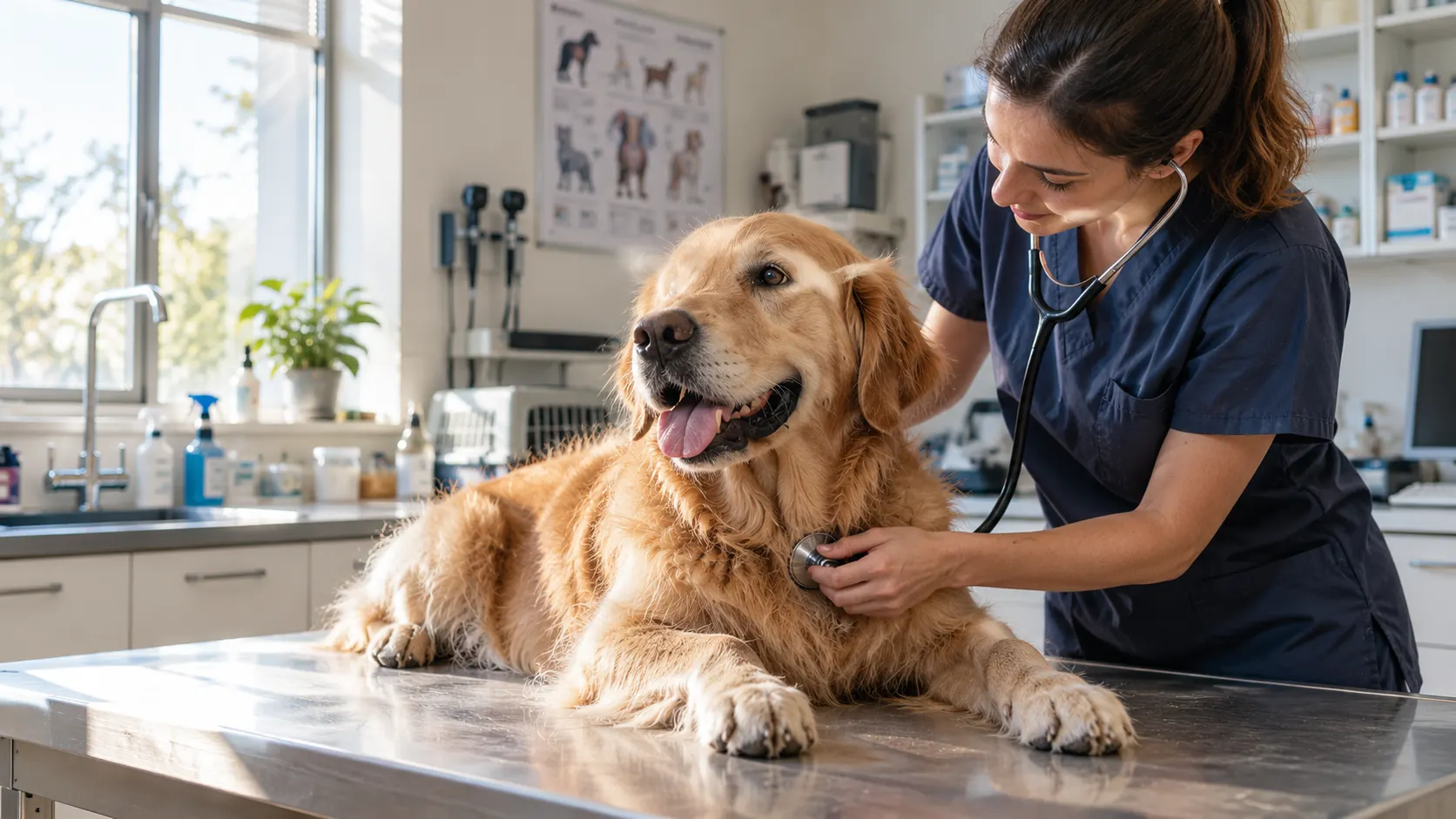 Una veterinaria ausculta con el fonendoscopio a un golden retriever tumbado en la mesa de la consulta